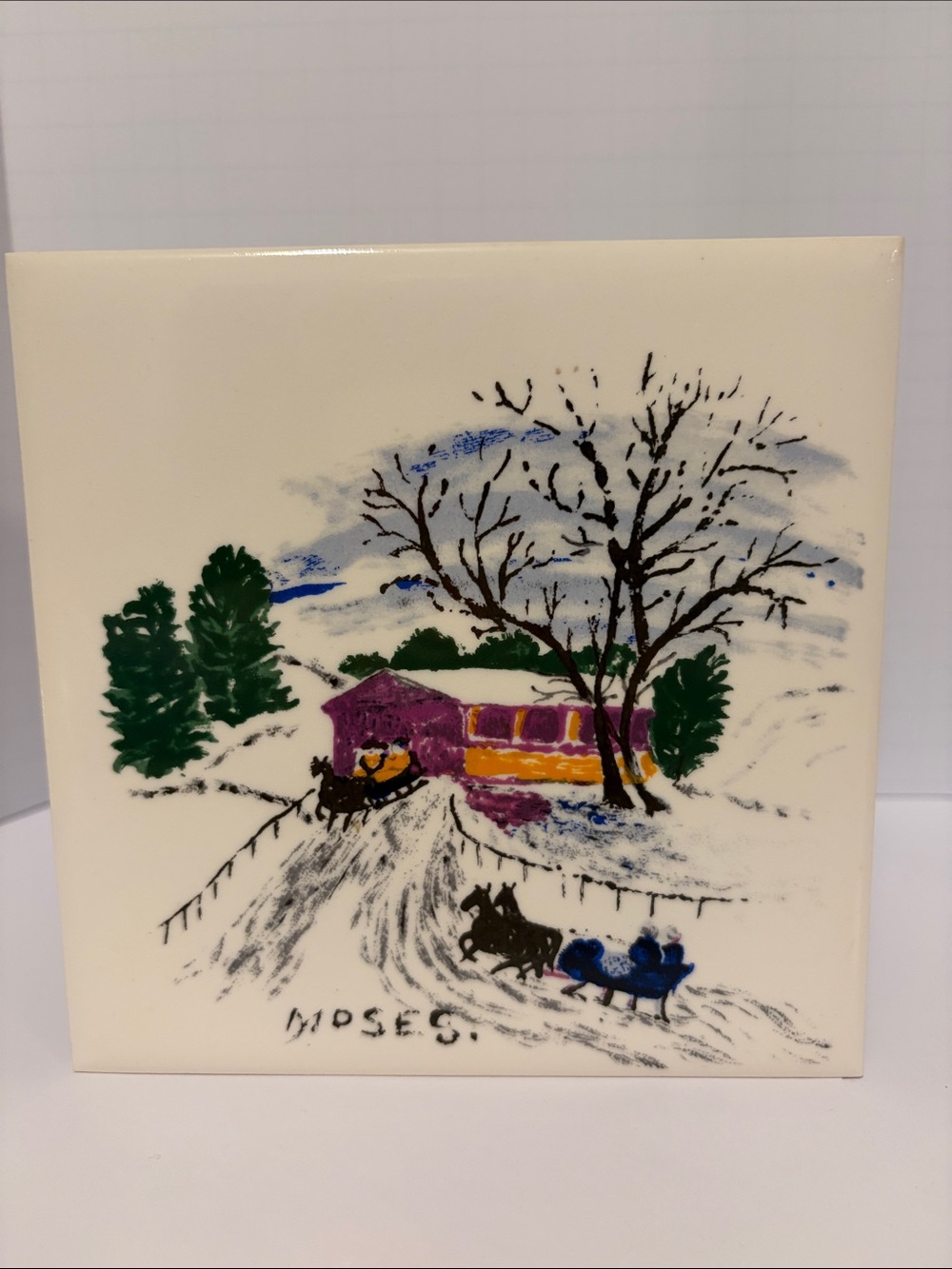 Grandma Moses Winter Tile Wall Art Narrow Road VTG 6x6 1952
